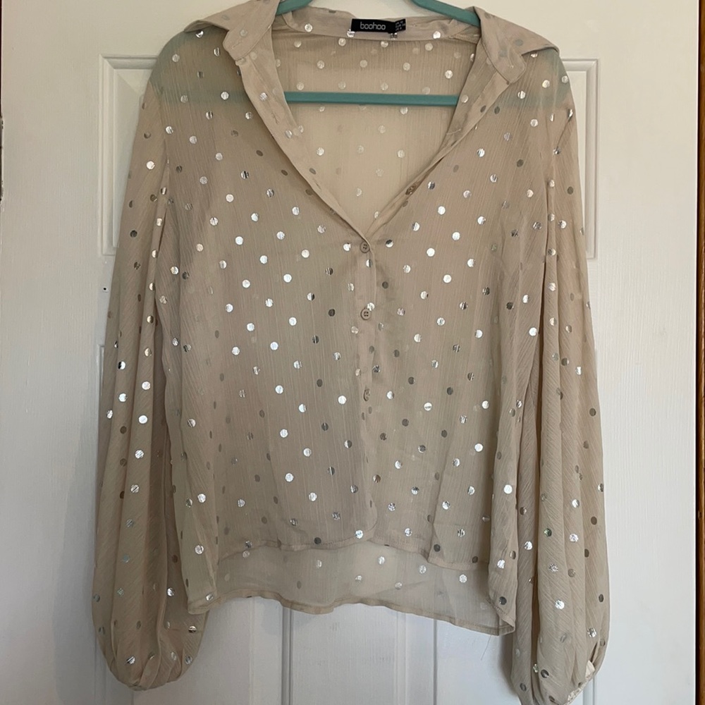 Polka Dot Sheer Boohoo Button Up Blouse